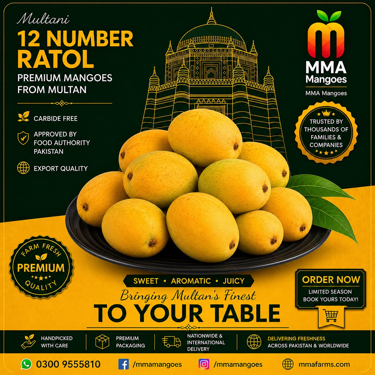 Anwar Ratol 12 Number premium mango box from MMA Mangoes Multan — carbide-free, Food Authority approved, export quality, paper-thin seed