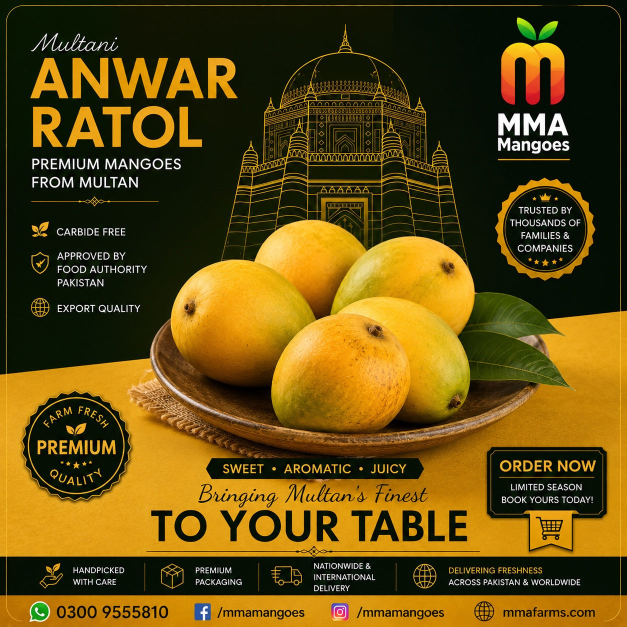 Multani Anwar Ratol premium mango box from MMA Mangoes Multan — carbide-free, Food Authority approved, export quality, intensely sweet