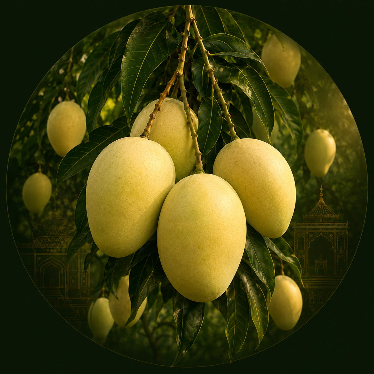 Mosami White Chaunsa mangoes on the branch at the MMangoes orchard in Multan — naturally ripened carbide-free premium mango box