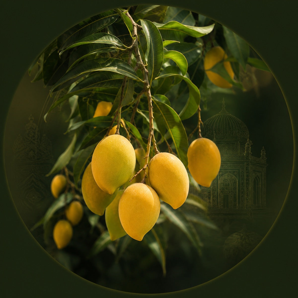 Multani Anwar Ratol mangoes on the tree at MMangoes family farm in Multan — small intensely sweet carbide-free premium mango box