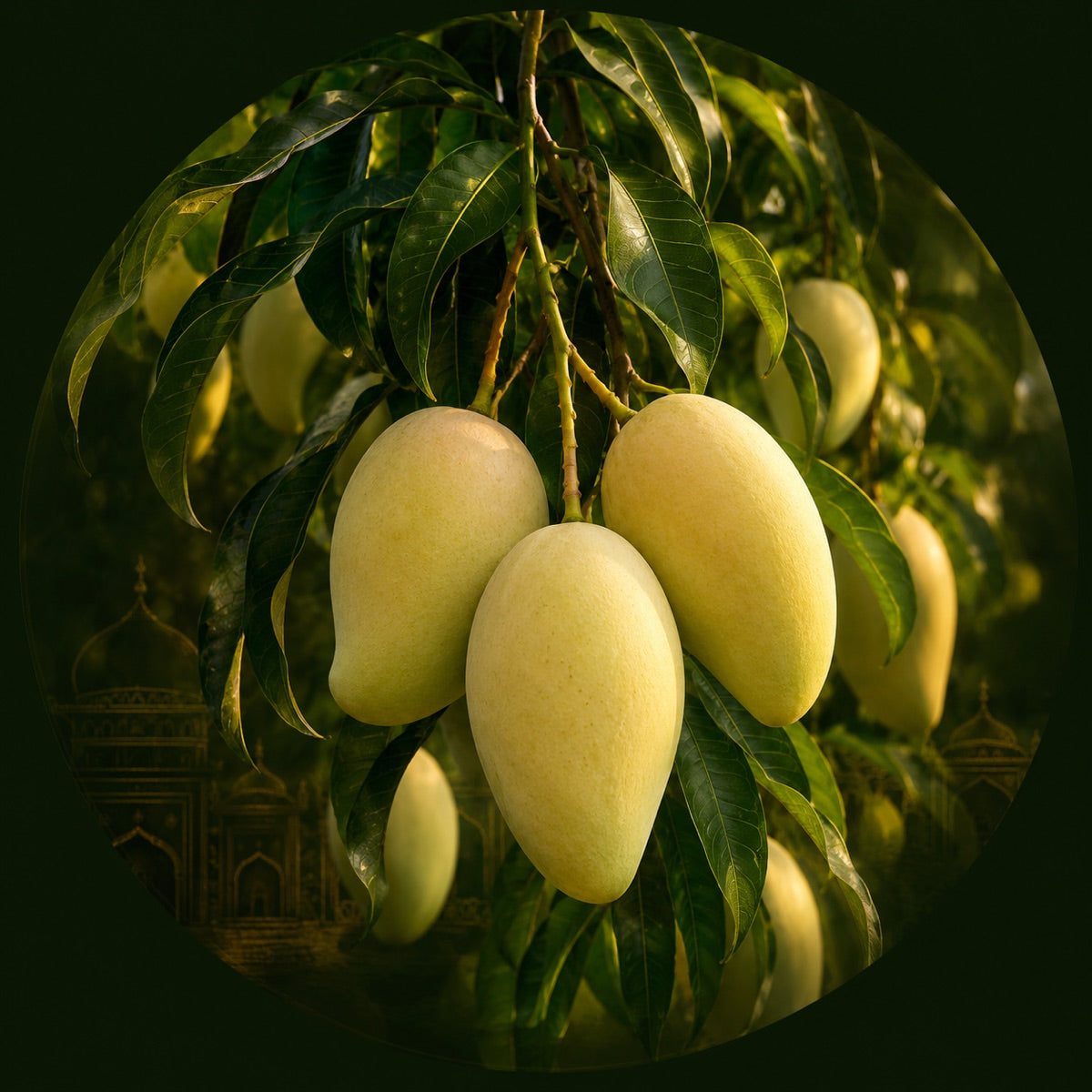 Nawabpuri White Chaunsa mangoes ripening on the tree at MMangoes family farm in Multan — carbide-free premium Pakistani mango box delivered fresh