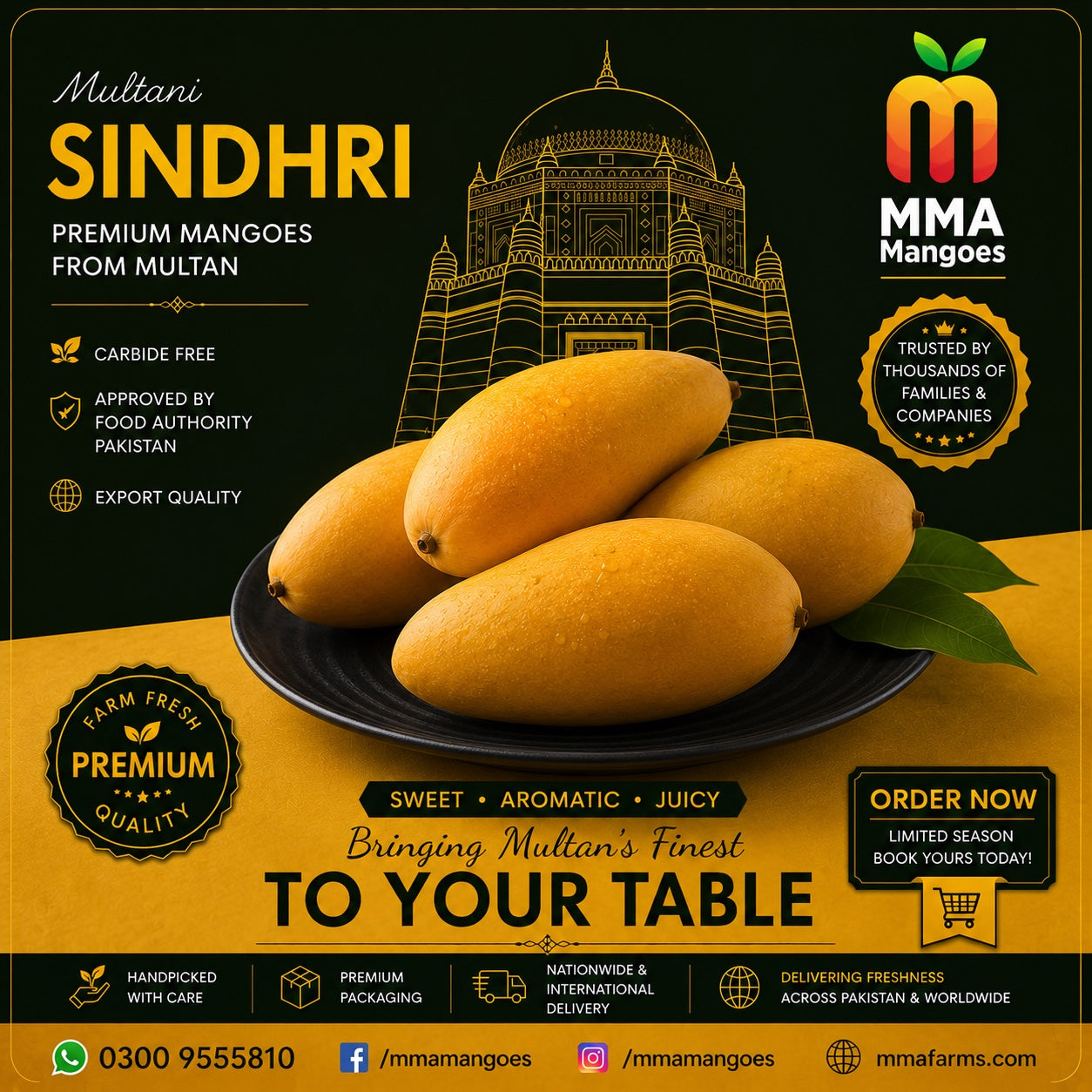 Multani Sindhri premium mango box from MMA Mangoes Multan — carbide-free, Food Authority approved, export quality, nationwide delivery